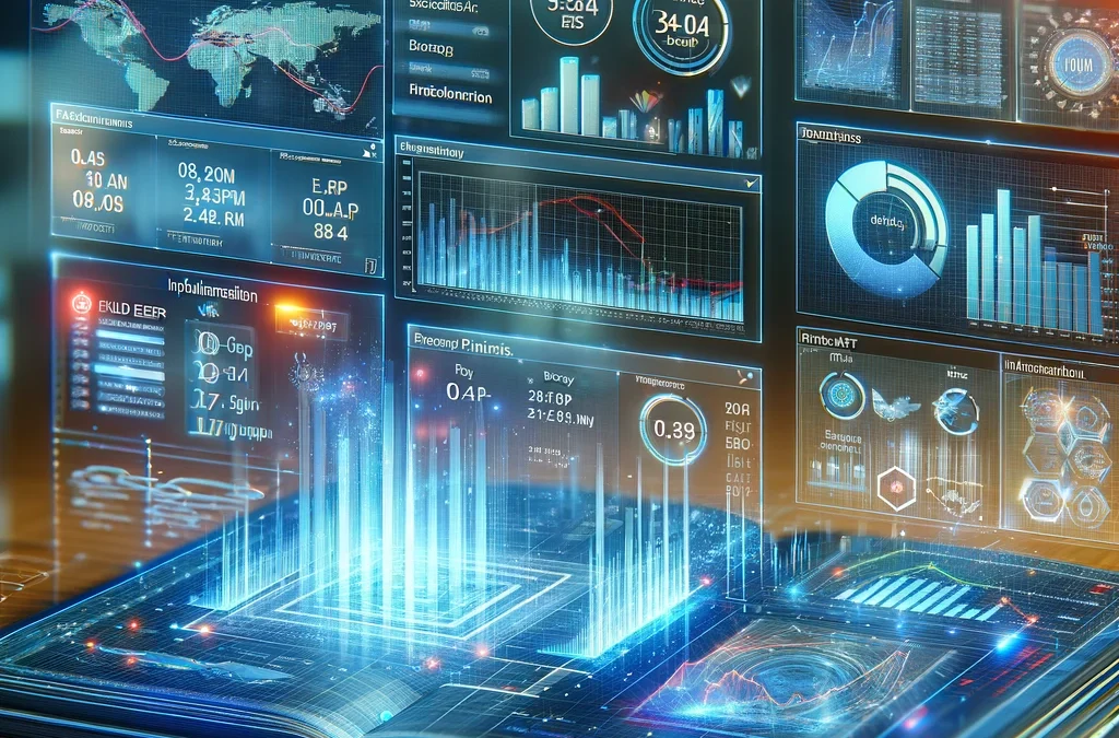 Un tableau de bord numérique dynamique de P4 Books Cloud ERP présentant des analyses de données en temps réel, avec un calendrier marquant un plan de mise en œuvre de 30 jours en arrière-plan.